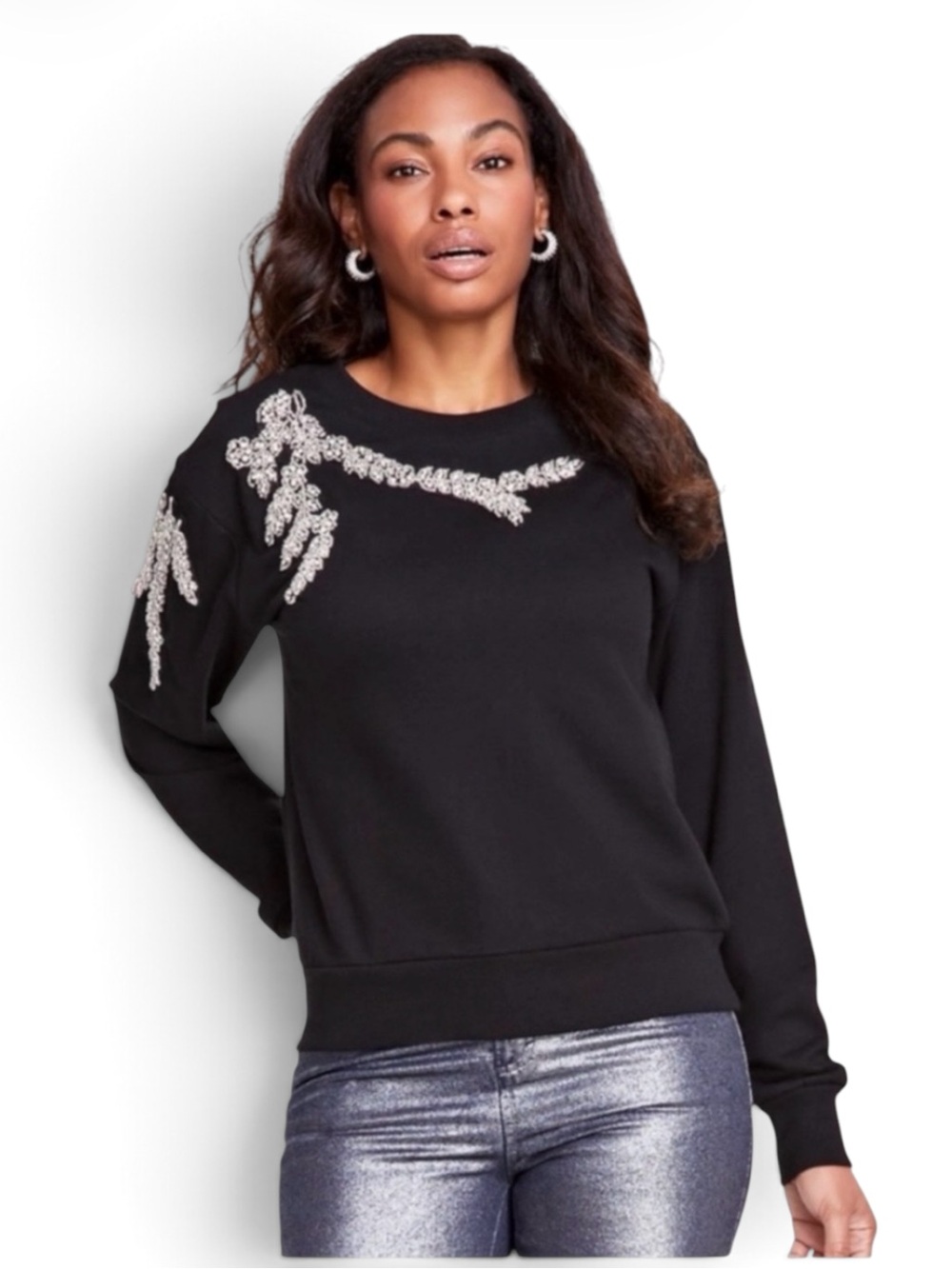 INC International Concepts Black Crewneck Sweater Rhinestone Embellished Size S